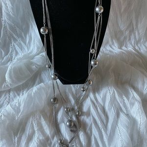 Multi strands silver tone chain w/ball beads long necklace w/lobster clasp